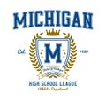 Michigan college style t-shirt design with shield, ribbon, crown and laurel wreath. Typography graphics for athletic tee shirt.